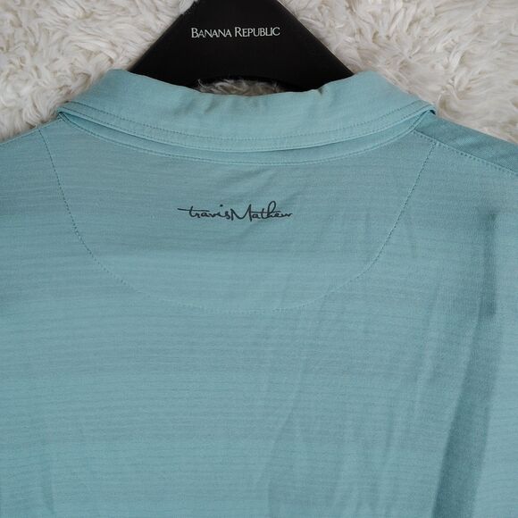 Travis Mathew Polo Mens Large Blue Green Stripe TAHOE Performance Golf - Picture 8 of 8